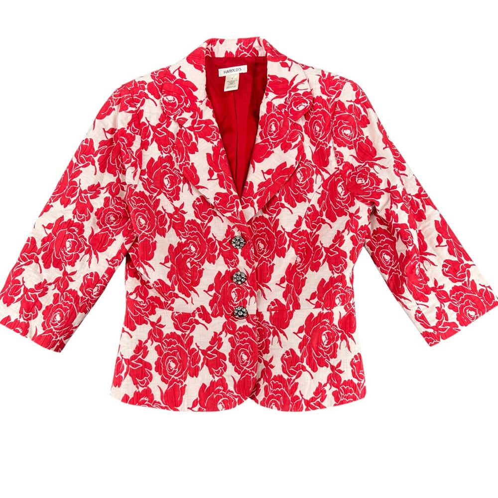 Vintage Harold’s 6 Red/White Floral Damask 3 Button Blazer Jacket 3/4 Sleeve 4